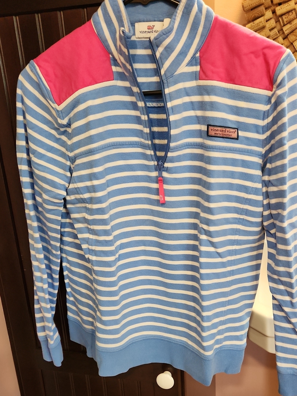 Vineyard Vines Blue and White Striped Quarter-Zip with Pink Shoulder Panels